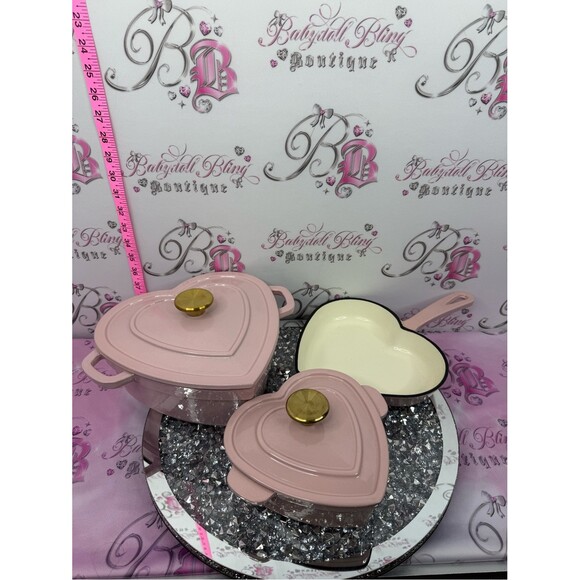 Smith clark Other - 3 pots pans heart shape cast iron Pink Heart-Shaped Cookware Set lids gold knob
